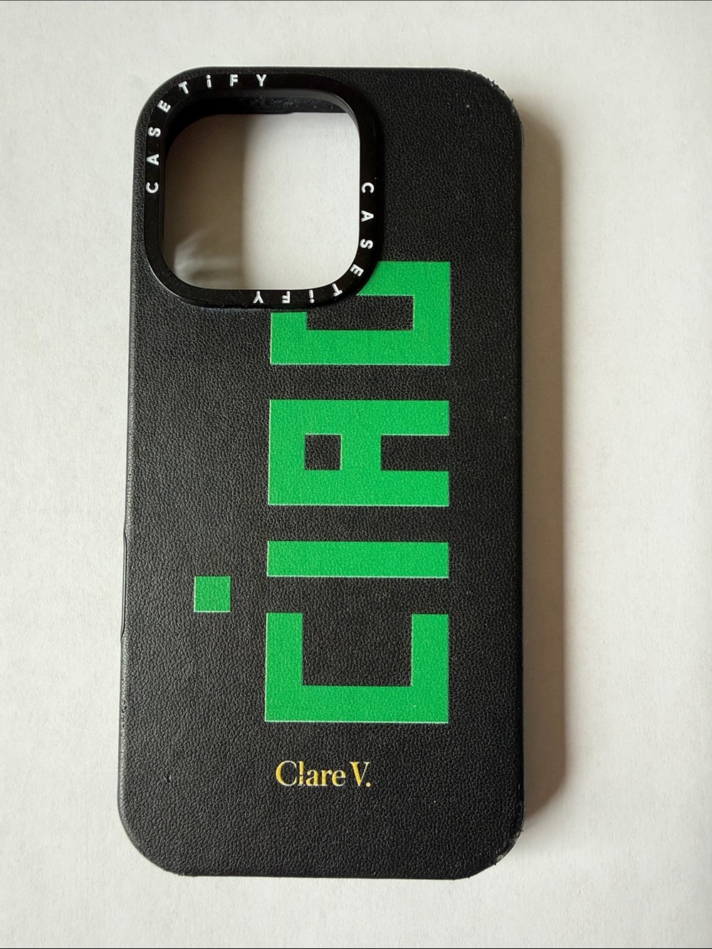 Clare V Black Phone Case with Green Block Lettering